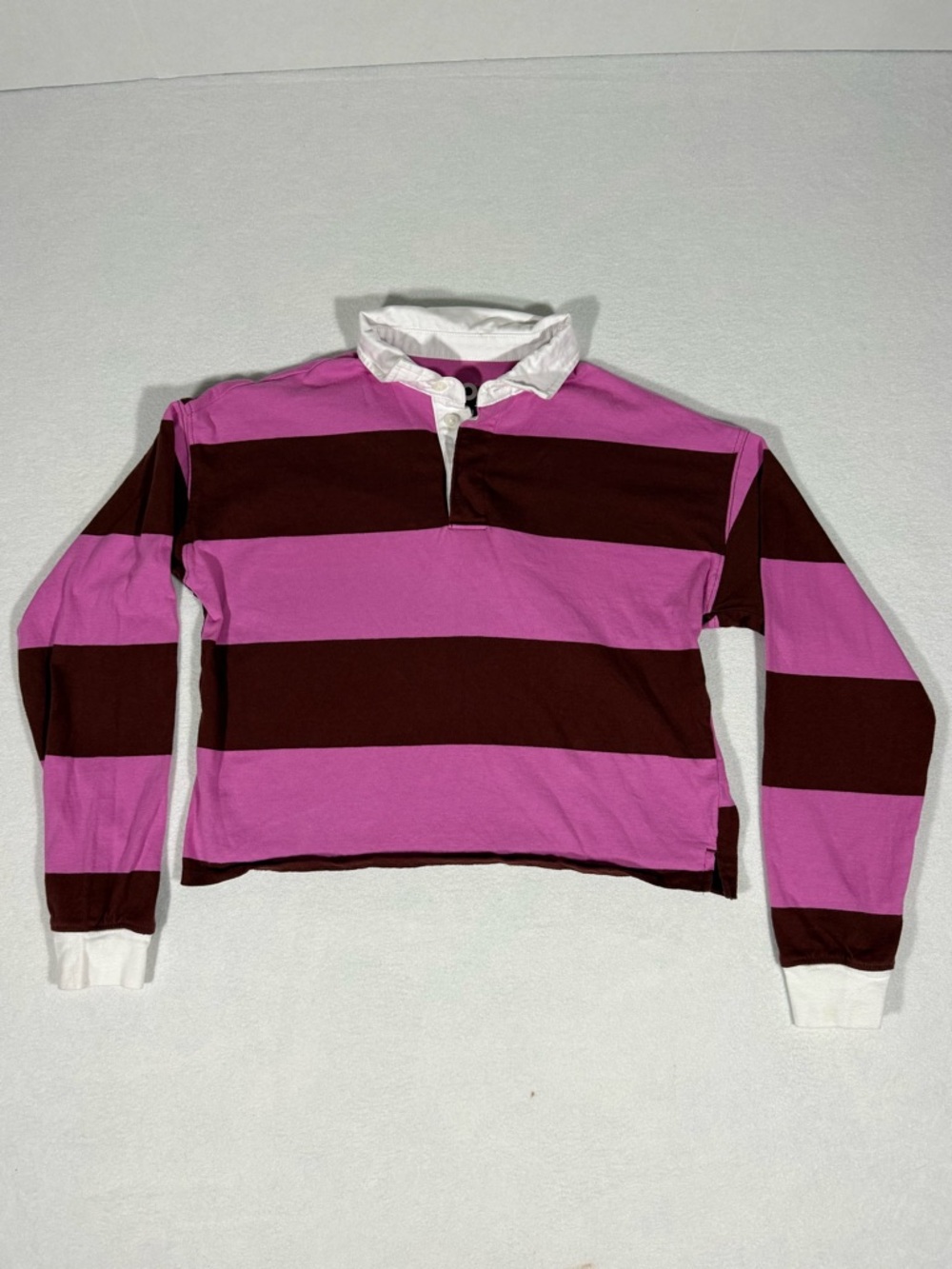 SO Girls' Cropped Striped Rugby Polo Pink And Brown Size L 10/12  Preppy